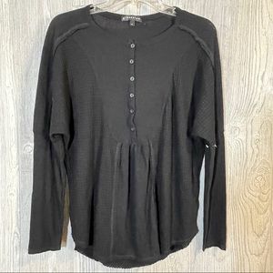 Gibsonlook Top Black Mixed Rib Waffle Knit Henley Sz S